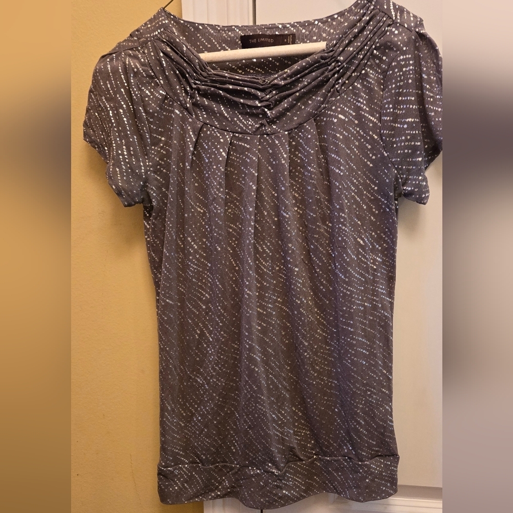 The Limited Womens Gray  Metallic Silver Ruched Short Sleeve Blouse Semi Sheer